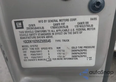 2005 Chevrolet Silverado 1500 Lt z USA, uszkodzony, nr VIN 1GCEK19Z65Z305545